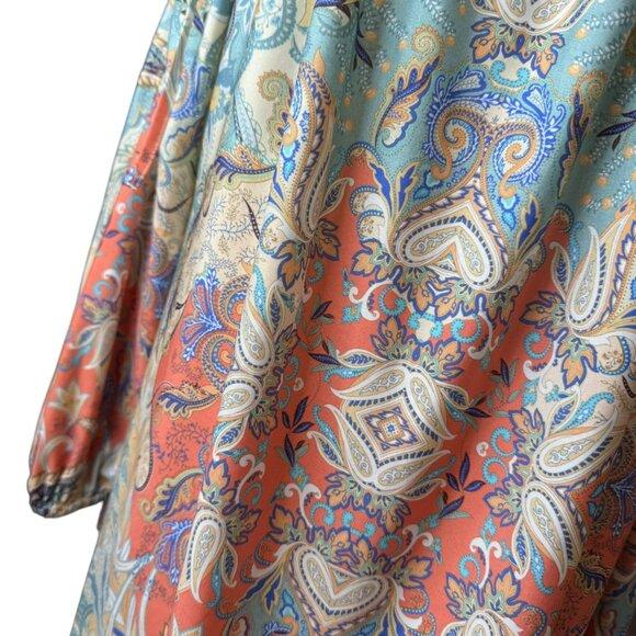 Boston Proper Boho Paisley Off Shoulder Peasant Blouse L Long Sleeve Tie Strap - Picture 7 of 7